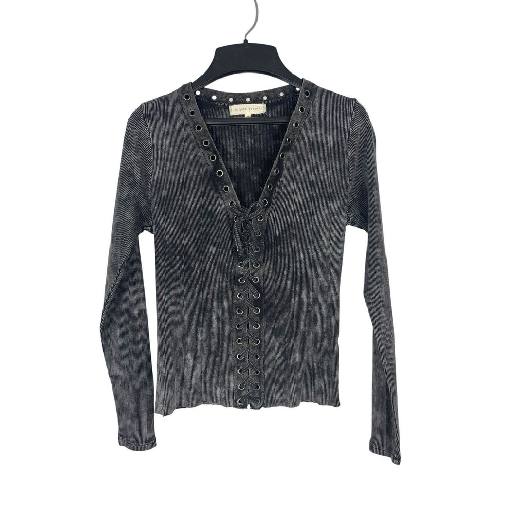 Y2K Ribbed Lace Up Top M Black Acid Wash Goth Grunge Long Sleeve Gilded Intent M